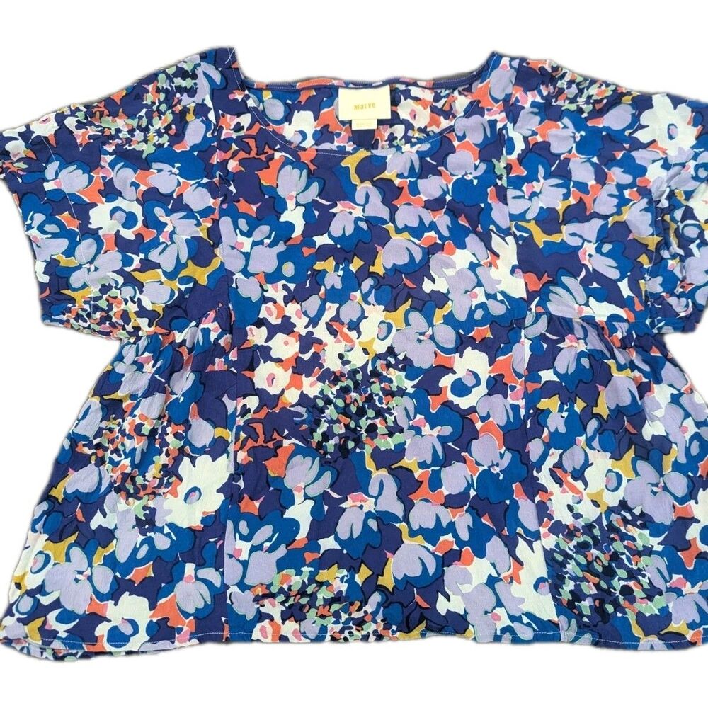 Anthropologie Maeve Milla Medium Blue‎ Floral Short Sleeve Blouse